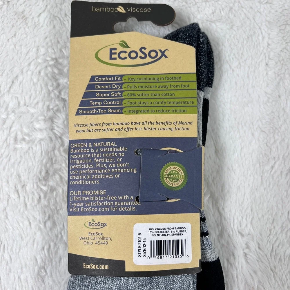 EcoSox Mens XL Hiking Socks Bamboo Viscose Medium Weight Full Cushion Grey‎ NEW